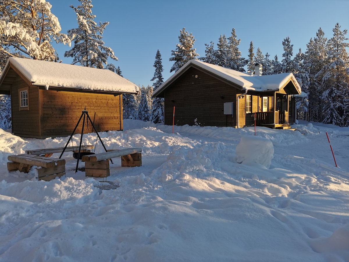 A newly built cabin is surrounded by a snowy landscape, featuring two structures with wooden exteriors. Outdoor seating is positioned on a covered wooden deck, and a simple fire pit area is visible in the foreground, all enveloped by tall, snowy trees.
