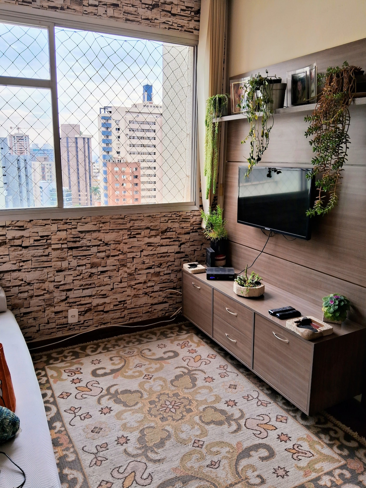 A cozy living area is featured, showcasing a brown media unit against a textured stone wall. A flat-screen TV is mounted above the unit, while various plants add a touch of greenery. Large windows offer a view of the cityscape, allowing natural light to enter the space.