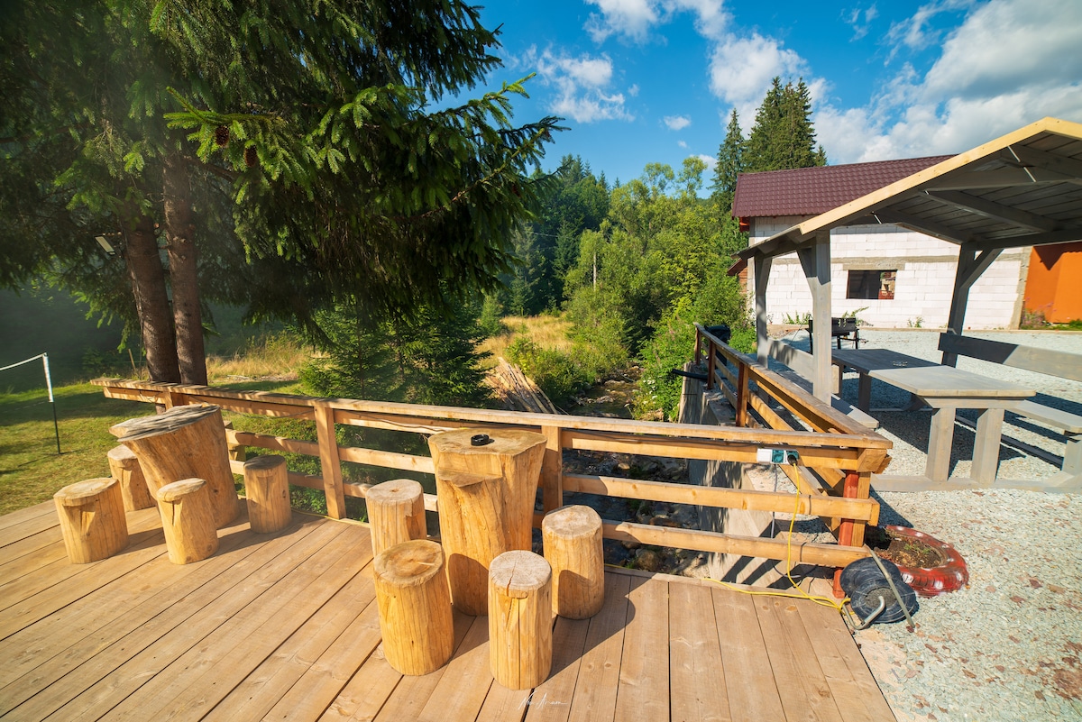 A wooden deck features rustic seating made of tree stumps and a central log table. Beyond, a picnic area with a covered patio and stone surface is visible, surrounded by greenery and tall trees against a clear blue sky.