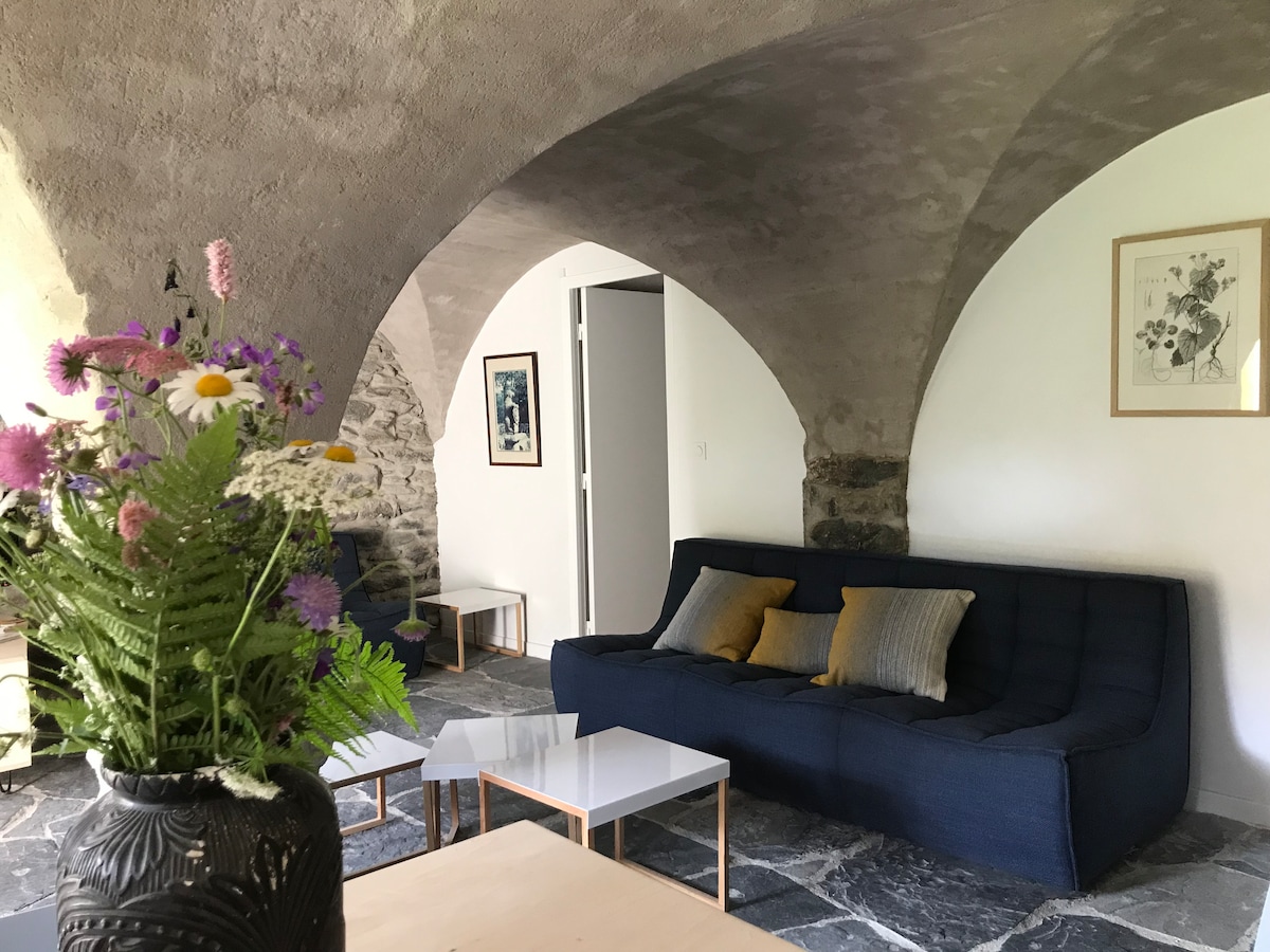 A living room features a dark blue sofa adorned with cushions, paired with two small coffee tables. The space showcases arched stone walls and a smooth ceiling, creating a cozy atmosphere. A vase filled with colorful flowers is positioned on a nearby table, adding a touch of nature.
