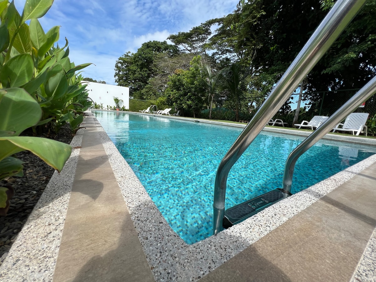 A sparkling pool reflects the clear blue sky, surrounded by lush greenery. Steps lead into the inviting water, while white lounge chairs are positioned nearby for relaxation. The pool area offers a serene escape, showcasing clean lines and a well-maintained environment.