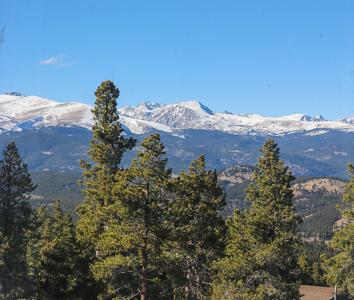 A panoramic view of snow-capped mountains rises above a forest of evergreen trees. The landscape showcases a clear blue sky, highlighting the natural beauty of the Rocky Mountains. The scene captures the serene and rugged charm of the surrounding wilderness.