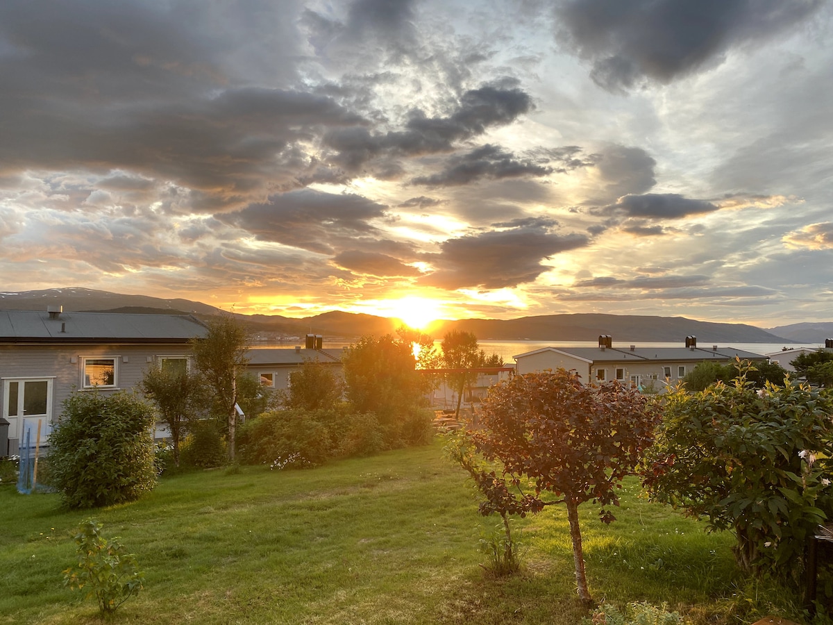A vibrant sunset casts warm hues over the horizon, illuminating the sky with shades of orange and gold. Lush green grass and shrubs frame the foreground, while softly lit buildings create depth in the background, highlighting the natural beauty of the surroundings.