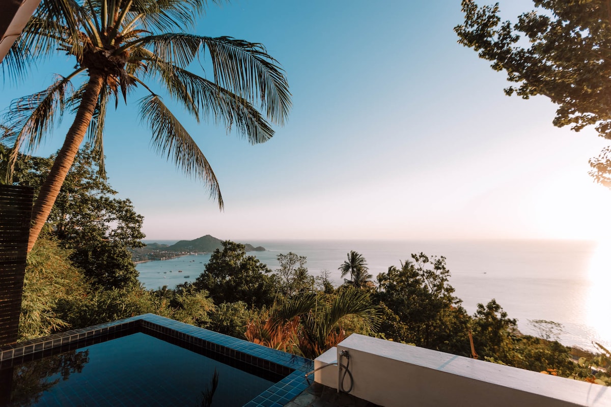 A view from a terrace showcases a private plunge pool overlooking the expansive azure Gulf of Thailand. Lush greenery frames the scene, with tall palm trees swaying gently. The horizon features a blend of ocean and land, bathed in soft morning light.