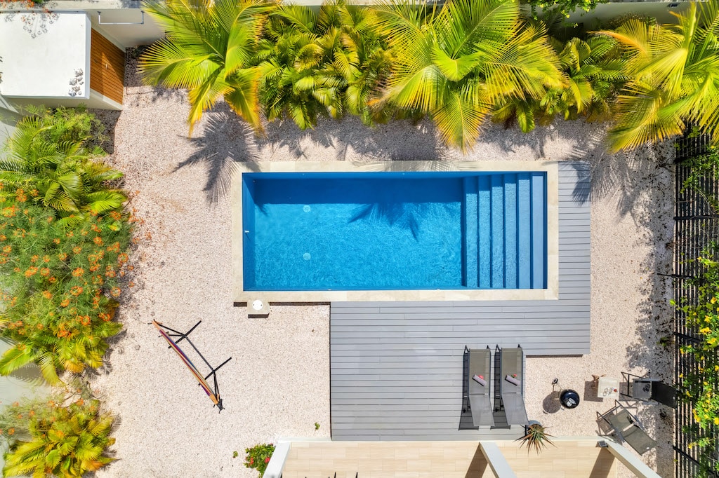 An aerial view showcases a private magnesium pool surrounded by lush tropical plants. The sunlit pool area features sleek steps leading into the water, with a spacious deck that includes lounge chairs and a hammock, all set against a backdrop of vibrant greenery.