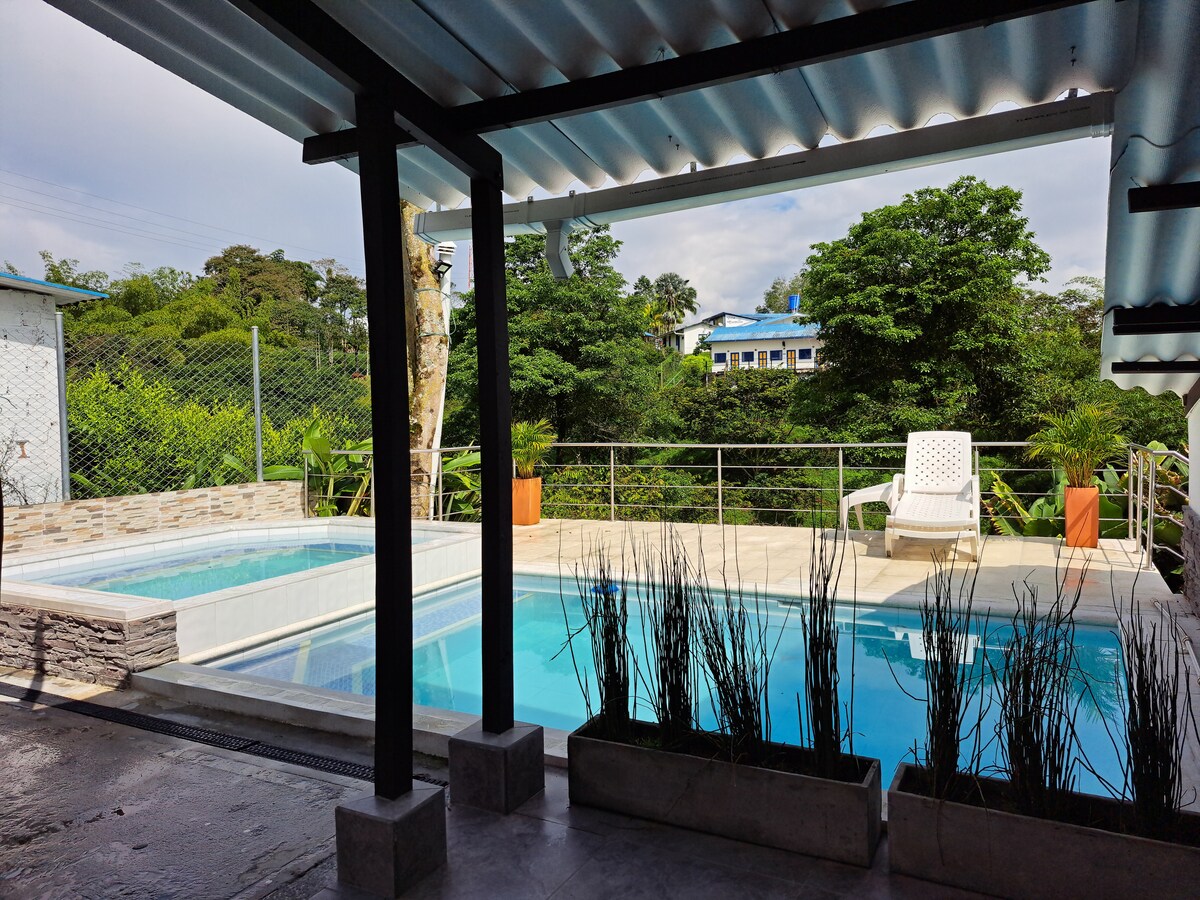 A view of a serene outdoor swimming pool, framed by greenery and modern architecture. Chairs are positioned near the water, and planters with tall grass are visible along the poolside. The horizon features lush trees, enhancing the tranquil setting.