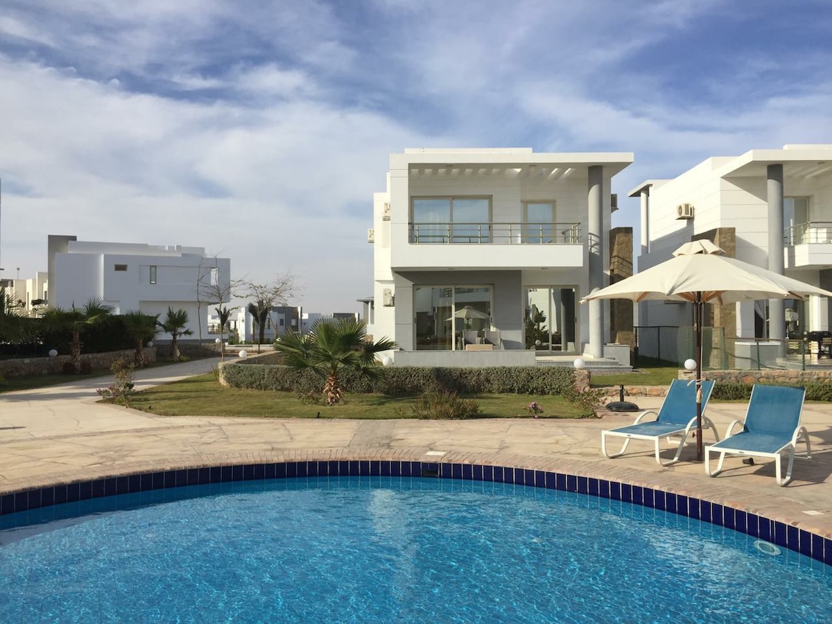 A modern villa is surrounded by well-maintained grass and palm trees, with a swimming pool in the foreground. Sun loungers are positioned beside the pool, while a large umbrella provides shade. The clear blue sky complements the tranquil setting.