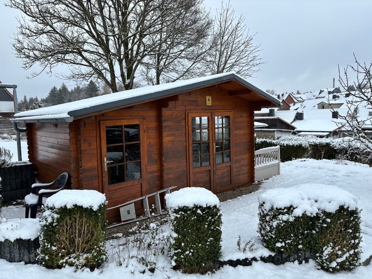 A wooden cabin is surrounded by snow-covered shrubs, with two large windows reflecting the winter landscape. The gently sloped roof is blanketed in white, while the ground is covered in a thick layer of snow, creating a peaceful and serene atmosphere.