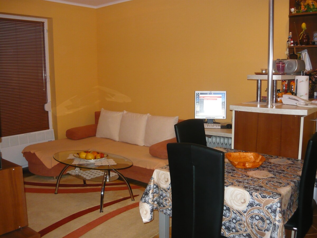 A living space featuring a comfortable sofa with light-colored cushions. A glass coffee table sits in front of it, displaying a bowl of fruit. In the background, a wooden dining table with dark chairs is seen, and a computer is positioned on a nearby counter.