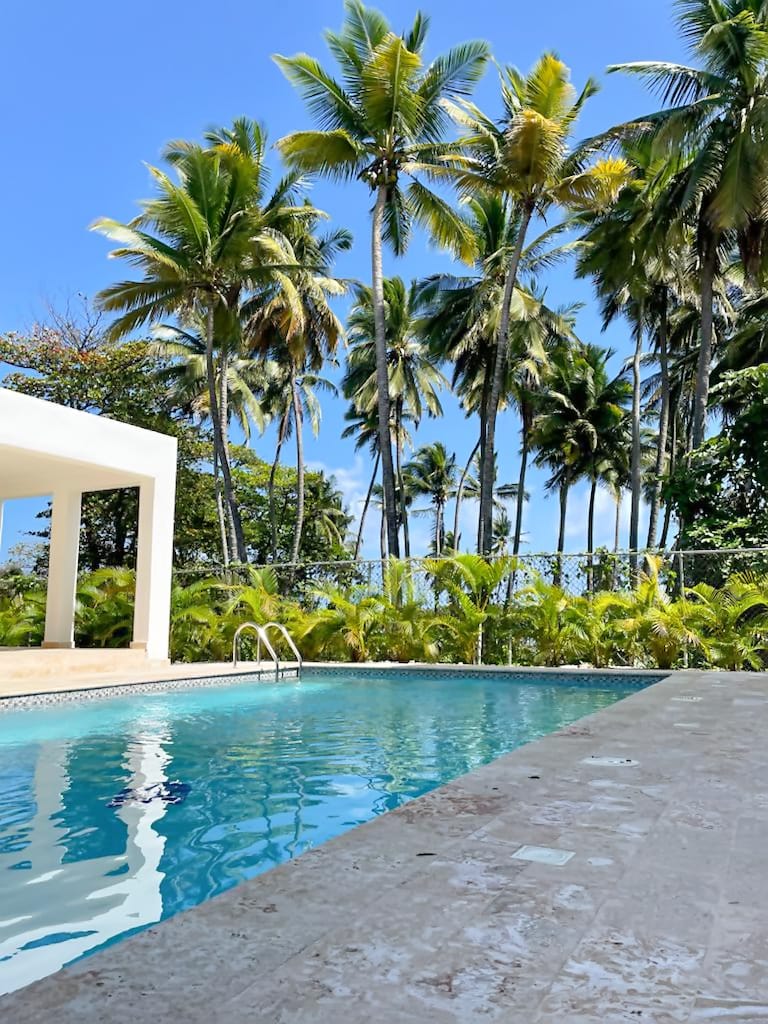 A serene pool area is framed by tall palm trees against a clear blue sky. Lush greenery surrounds the space, enhancing the tranquil atmosphere. Sunlight reflects off the water's surface, creating inviting shades of blue, while the pool is accompanied by a white structure nearby.