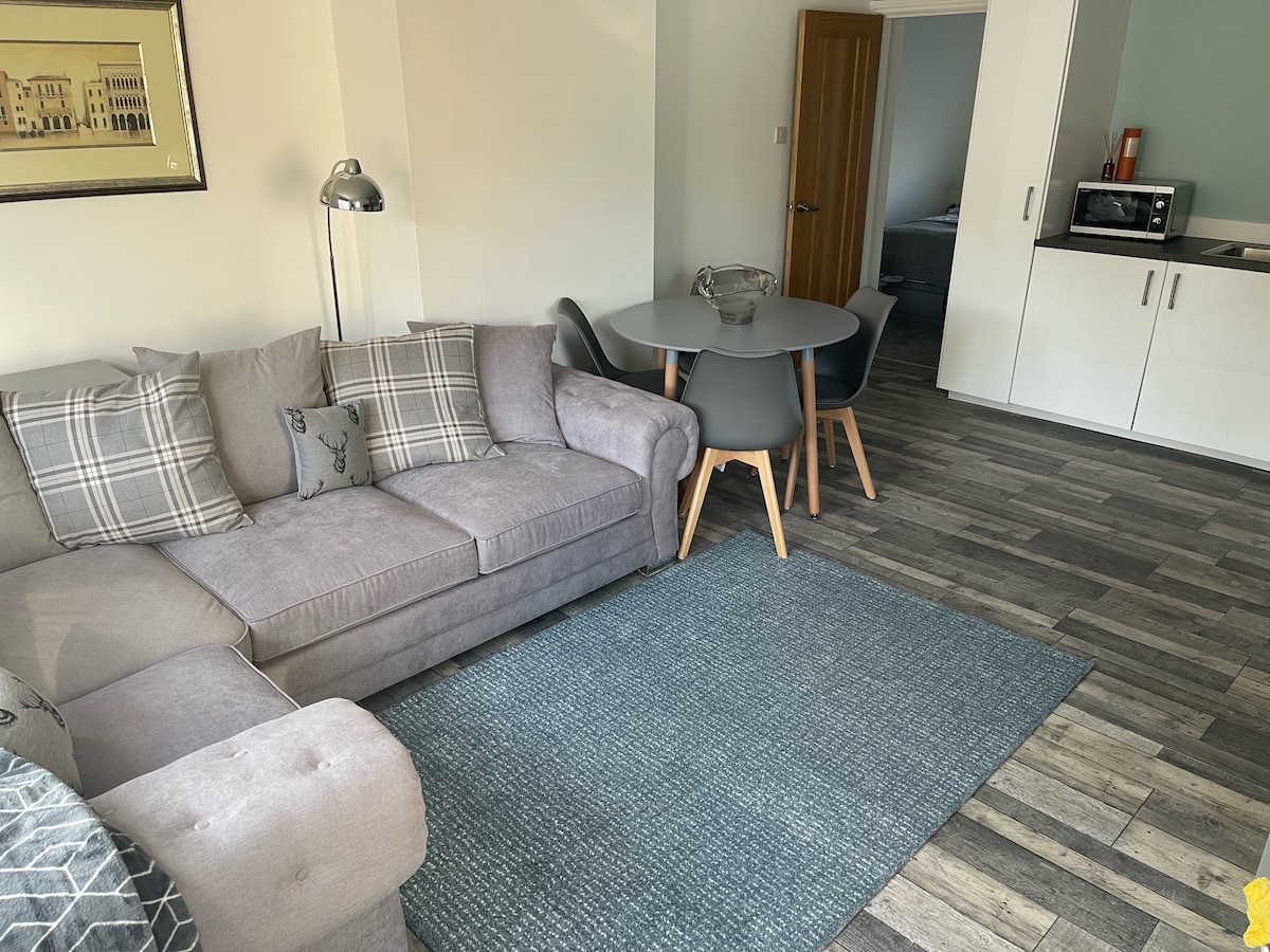 An open plan living area features a plush grey sofa with patterned cushions, set against a textured blue area rug. A round dining table with four grey chairs is positioned adjacent to a modern kitchen with white cabinetry and a microwave visible in the background.