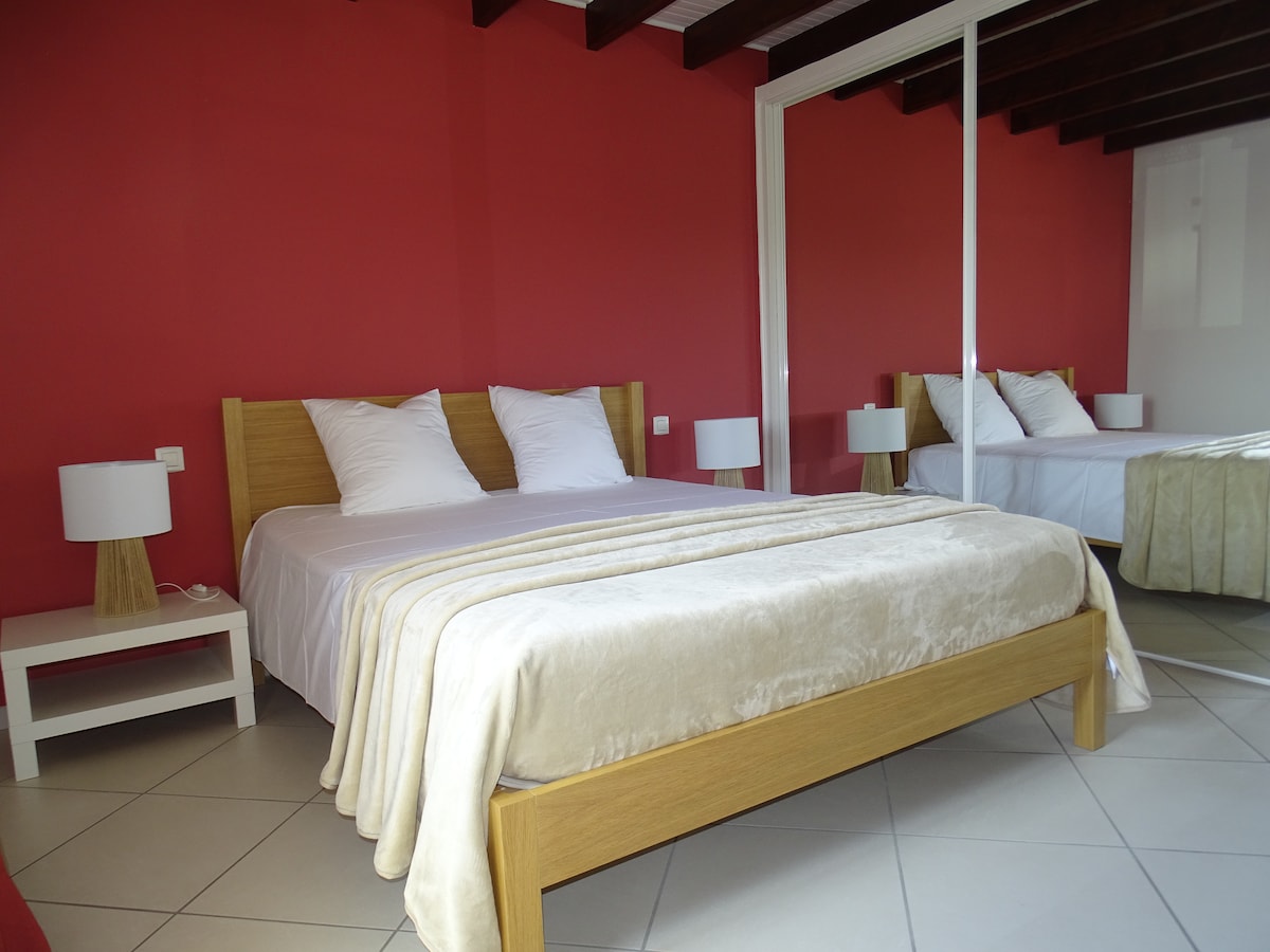 A sleeping area is presented with a wooden bed frame supporting a spacious mattress. Two white pillows are arranged at the head of the bed, while bedside tables with lamps are positioned on either side. A vibrant red wall contrasts with the light-colored bedding.