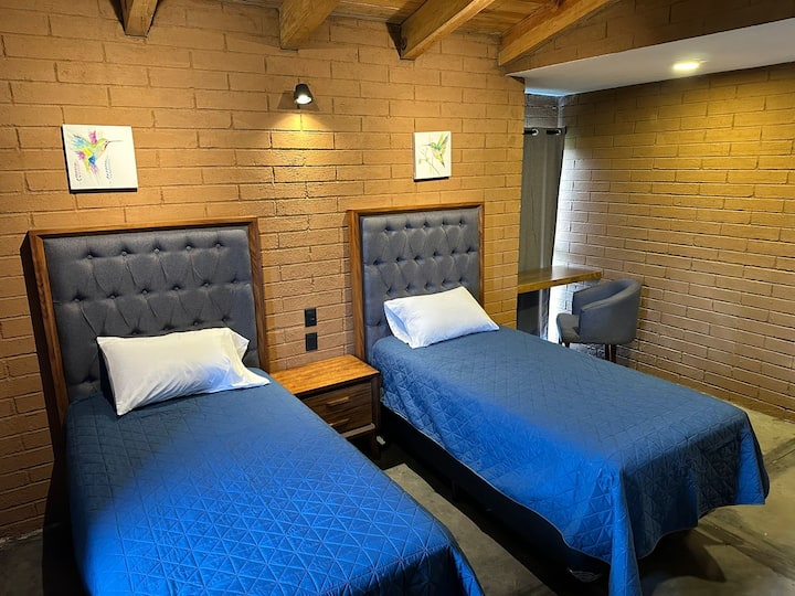 Стая с две единични легла, самостоятелна баня, плосък телевизор за приложения, работна маса.