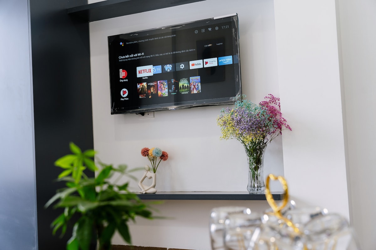 A wall-mounted television displays various streaming options, including Netflix. Adjacent, a minimalist shelf holds a small vase with fresh flowers and a decorative piece. Potted greenery is visible, adding a touch of nature to the modern interior.