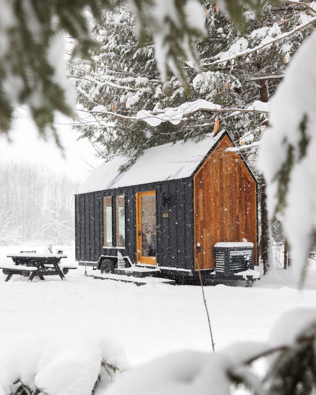 A charming cabin, partially obscured by snow-covered trees, stands in a winter landscape. The exterior features a mix of dark wood and warm timber accents. Snowflakes gently fall on a nearby picnic table, creating a serene winter atmosphere.