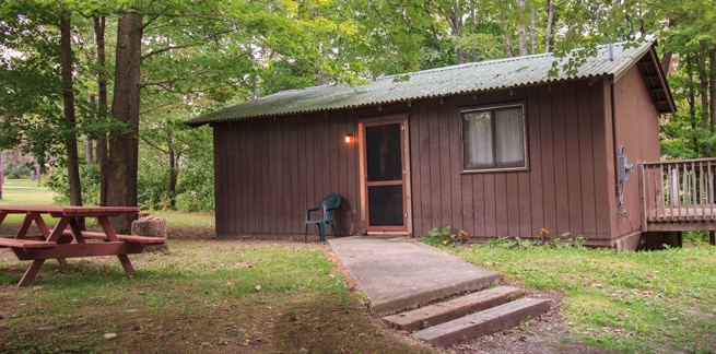 A cabin is surrounded by trees, with a small concrete pathway leading to a wooden door. A green chair is positioned on the porch, and a picnic table is situated nearby on the grass, which adds to the outdoor setting.