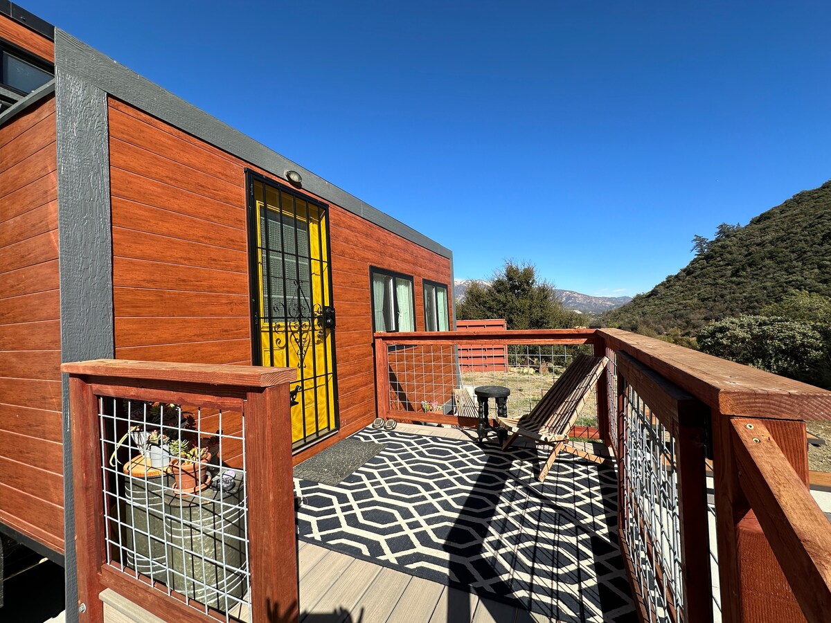 A tiny house exterior features a vibrant yellow door and large windows. A wooden deck, adorned with a geometric black and white rug, provides seating and a cozy fire pit, all framed by mountainous wilderness under a clear blue sky.