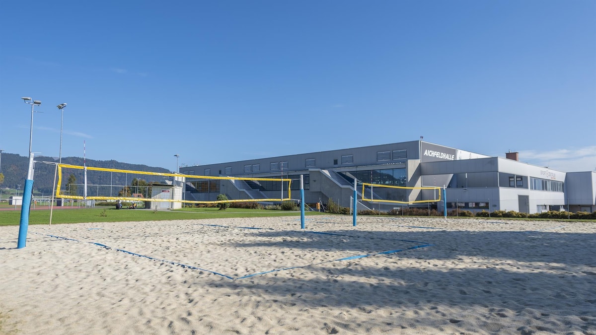 A sandy volleyball court is set in front of a modern building with large windows. The court features two yellow nets supported by blue poles, surrounded by well-maintained grass. Bright blue skies provide a clear backdrop, enhancing the outdoor sports area.