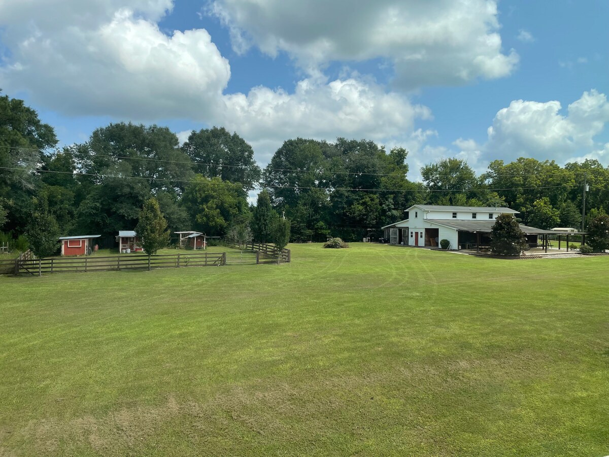 A vast open field is surrounded by trees, providing a serene space. Barn structures can be seen in the background, along with animal pens housing goats. The sky is bright and partly cloudy, creating an inviting outdoor scene.