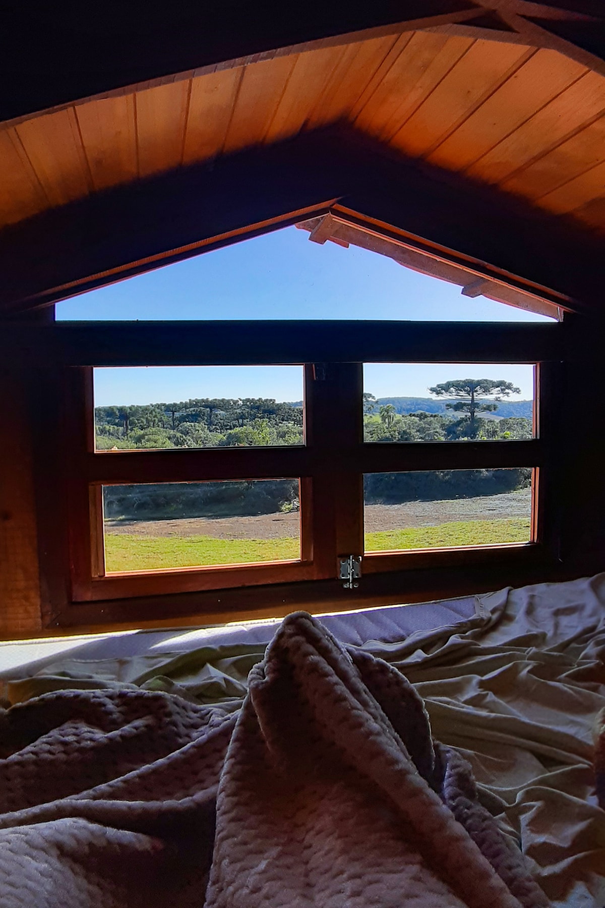 A cozy sleeping area is presented, featuring a soft blanket covering the spacious bed. A triangular window is visible, offering a view of the surrounding landscape with trees and hills, while warm light is accentuating the wooden interior.
