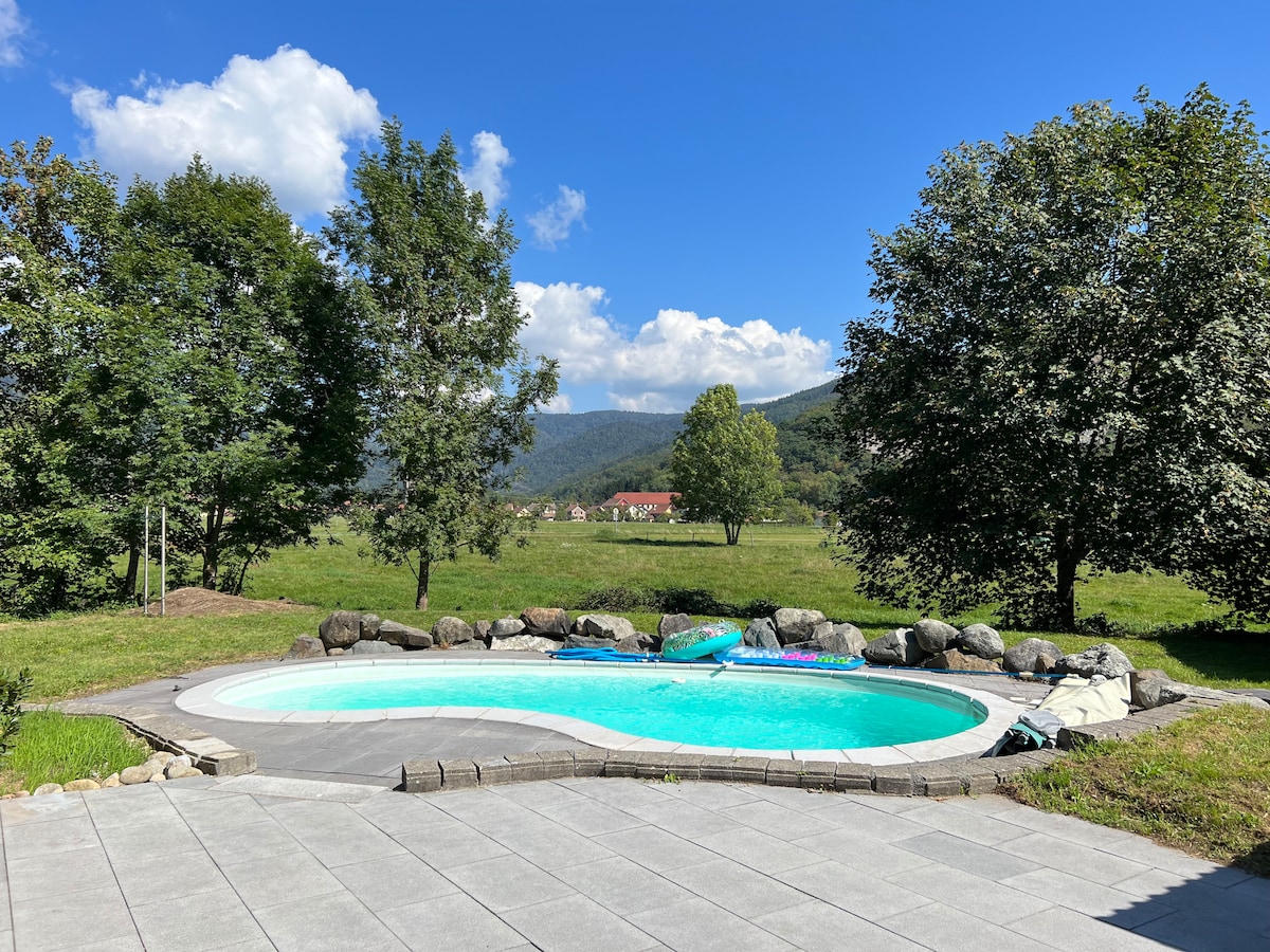 A serene outdoor area is highlighted by a turquoise pool surrounded by natural stone and patio tiles. Lush green trees frame the view, with rolling hills visible in the distance under a clear blue sky.