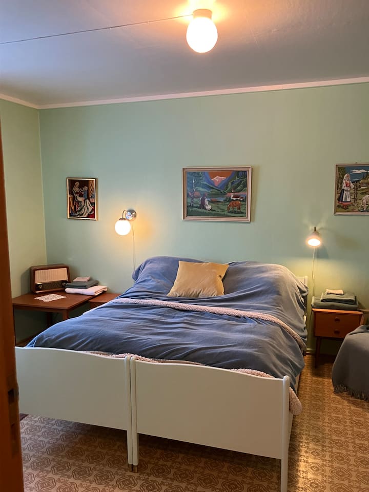 Grønnrommet har dobbeltseng, DAB-radio og vannkoker.