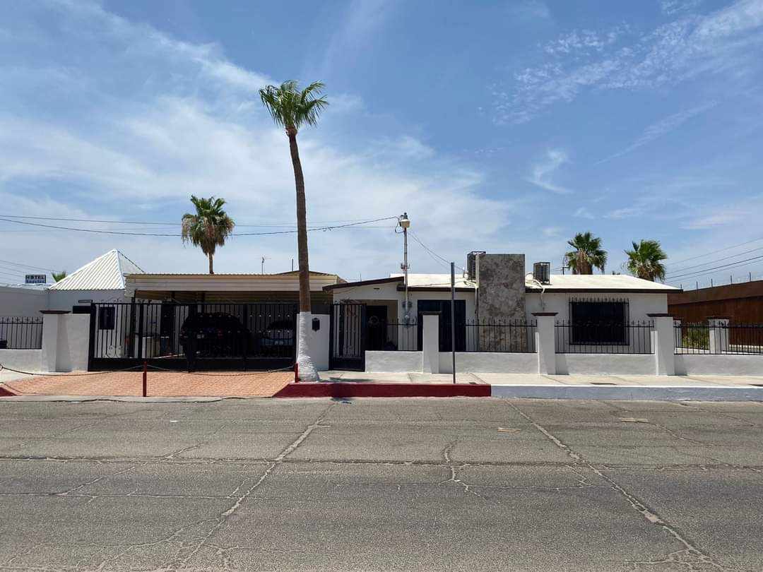 A well-maintained exterior of a centrally-located property is presented, featuring a white stucco façade and a tall palm tree. A covered carport is visible to the left, while a gated entrance leads to the main building, highlighted by various windows and a low wall.