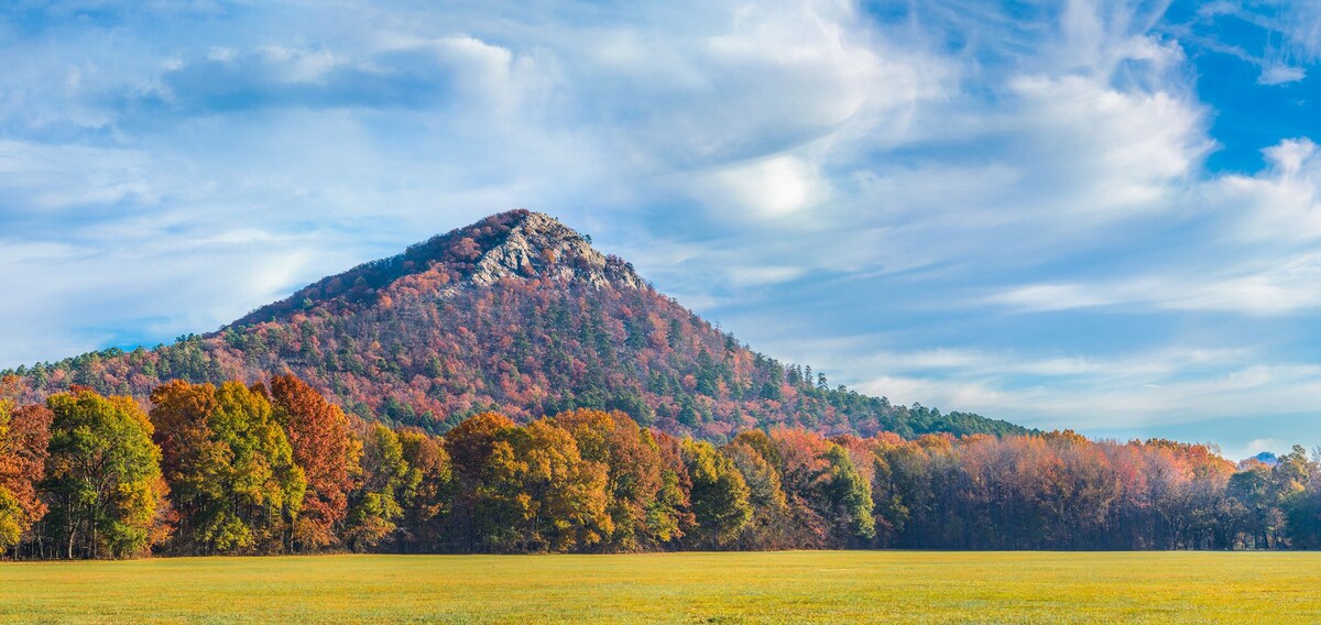 Rolling hills feature a vibrant array of fall foliage, including rich oranges and deep reds. A vast, open field is visible in the foreground, highlighting the expansive natural landscape under a bright blue sky with wispy clouds.