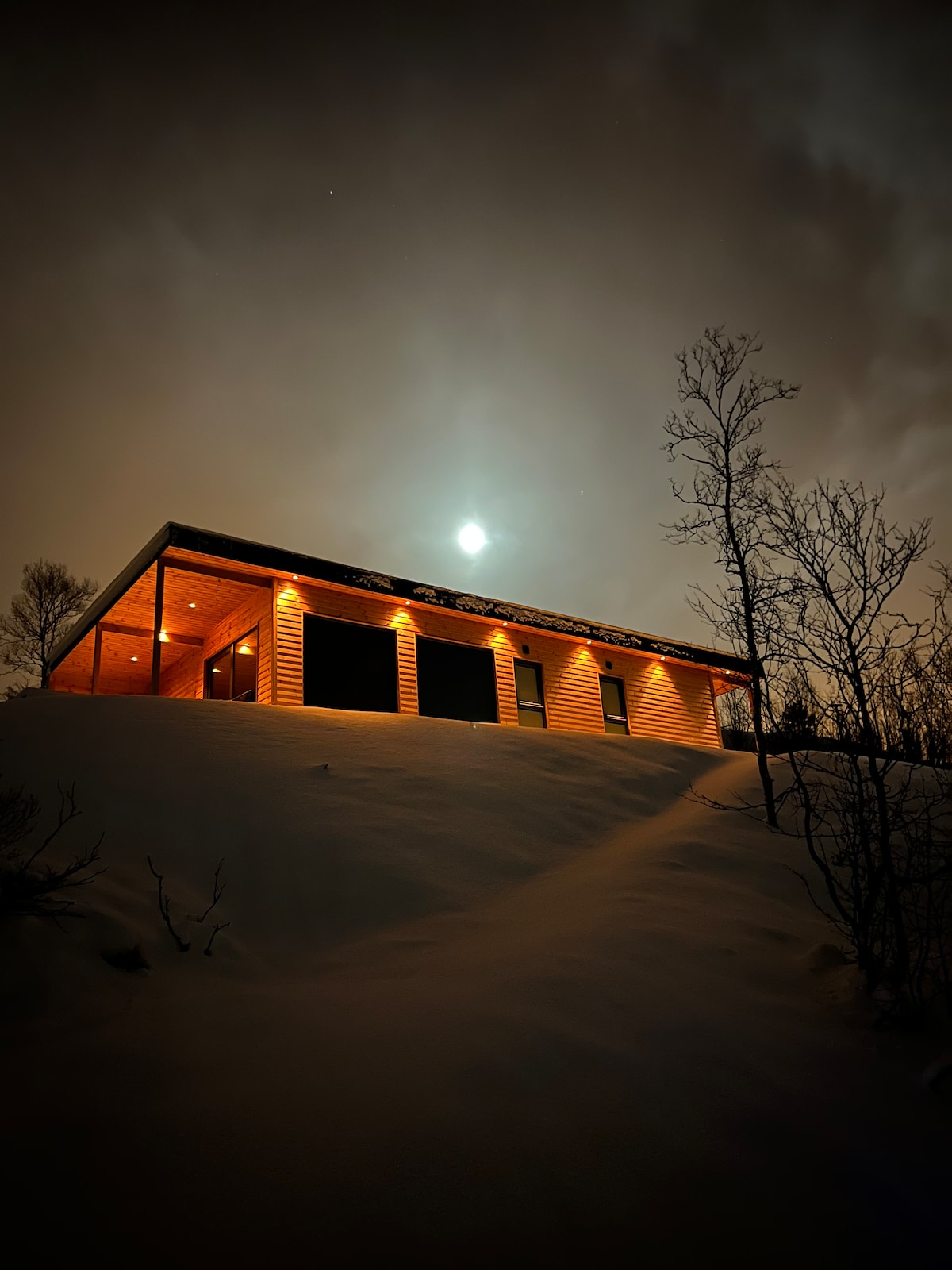 A modern cabin is illuminated under a moonlit sky, highlighting its wooden exterior. Snow blankets the ground, and the structure features large windows that reflect the soft glow of outdoor lights, creating a welcoming feel. Surrounding trees are silhouetted against the night sky.