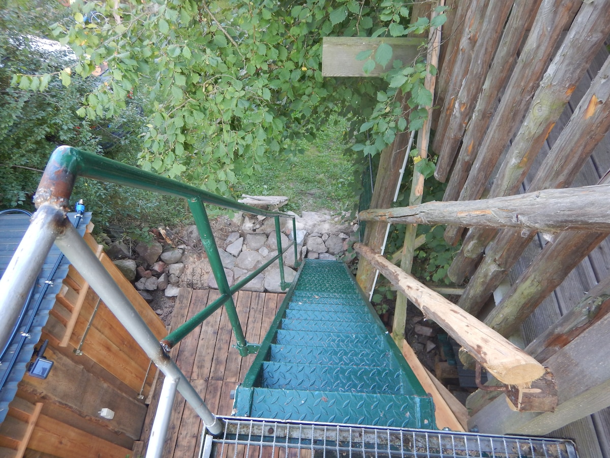 A metal staircase extends downward from the treehouse, surrounded by greenery. The steps are lined with a textured surface for grip, leading to a rocky path below. Wooden support beams and trees are visible along the staircase, enhancing the natural setting.