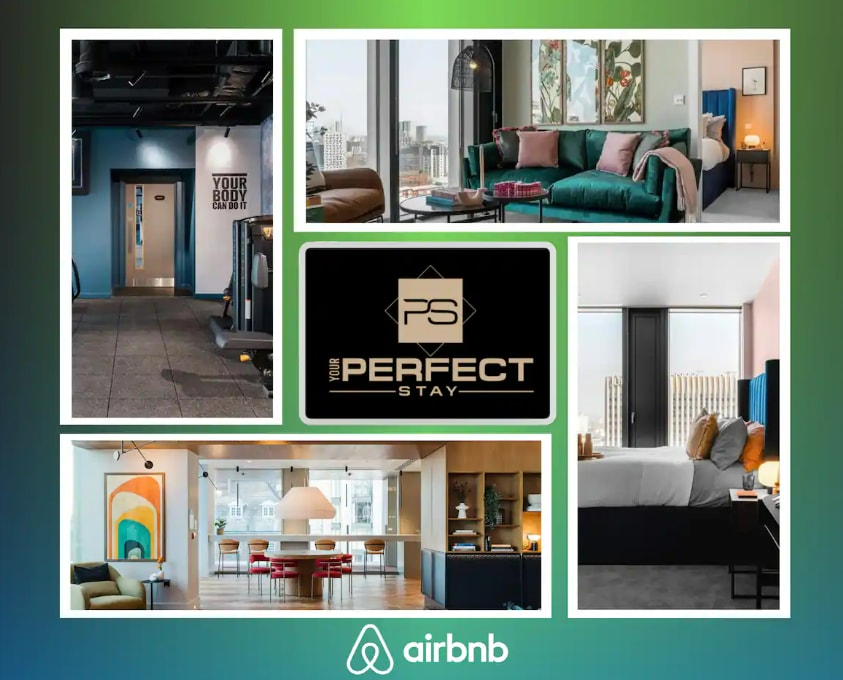 A modern open-concept space features stylish furnishings, including a lush green sofa and a vibrant abstract artwork. Large windows allow ample natural light, while a dining area with a round table offers a welcoming atmosphere. Clean lines and a contemporary aesthetic are emphasized throughout.