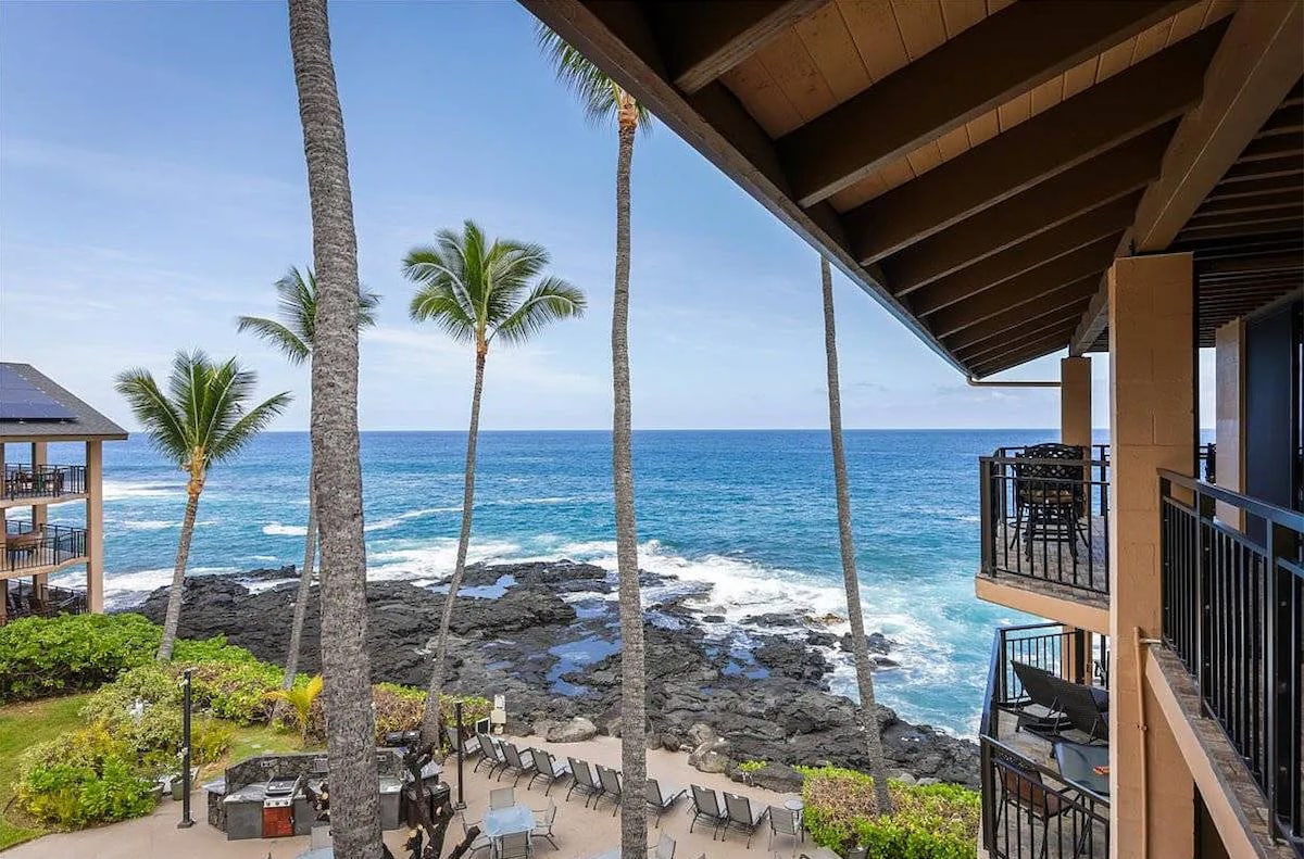 A scenic view reveals the ocean and rocky shoreline framed by tall palm trees. The horizon stretches across the vibrant blue water, while a seating area lined with chairs is visible on the landscaped grounds below.