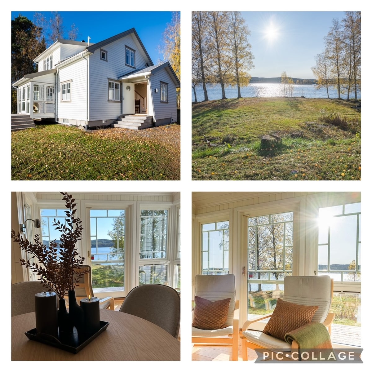 A charming white house is featured among colorful autumn foliage, with expansive windows allowing natural light to fill the interior. A serene view of the lake is visible through the trees, while a welcoming dining area includes a table adorned with simple decor.