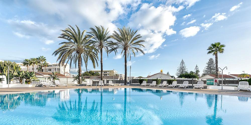 A large swimming pool is surrounded by lush palm trees and sun loungers, creating a serene atmosphere. The clear water reflects the blue sky and clouds, while the surrounding residential area is visible in the background.