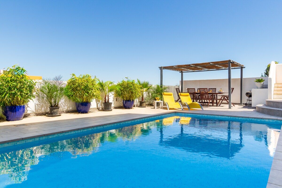 A private swimming pool reflects the clear blue sky, surrounded by vibrant potted plants. Comfortable lounge chairs are positioned by the poolside, alongside a covered dining area with a large table and chairs, perfect for outdoor gatherings.