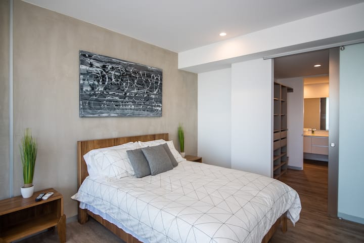 Malkia ukubwa kitanda Chumba cha kulala na mtazamo wa kutembea katika chumbani na bafu kuu