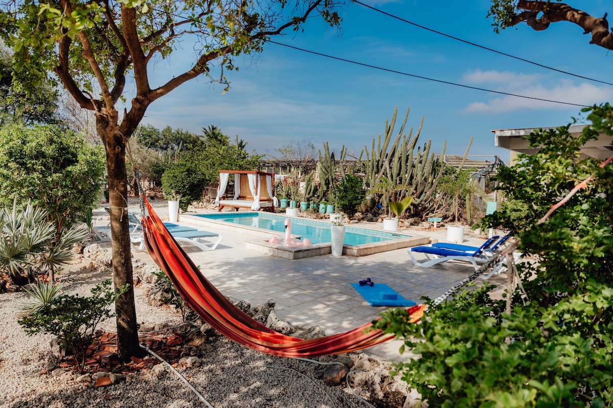 A serene outdoor area features a sparkling pool surrounded by lush greenery and native plants. Hammocks and lounge chairs are positioned nearby, inviting relaxation. Shade is provided by mature trees, while a cabana adds a charming touch to the peaceful atmosphere.