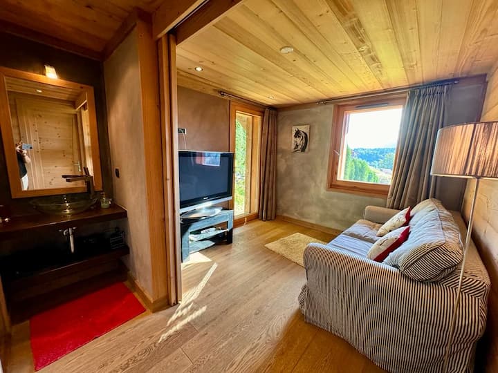 A small cozy living room, composed of a sofa bed, TV, shower room and toilet, direct access to the outside, and communicating with one of the double bedrooms.