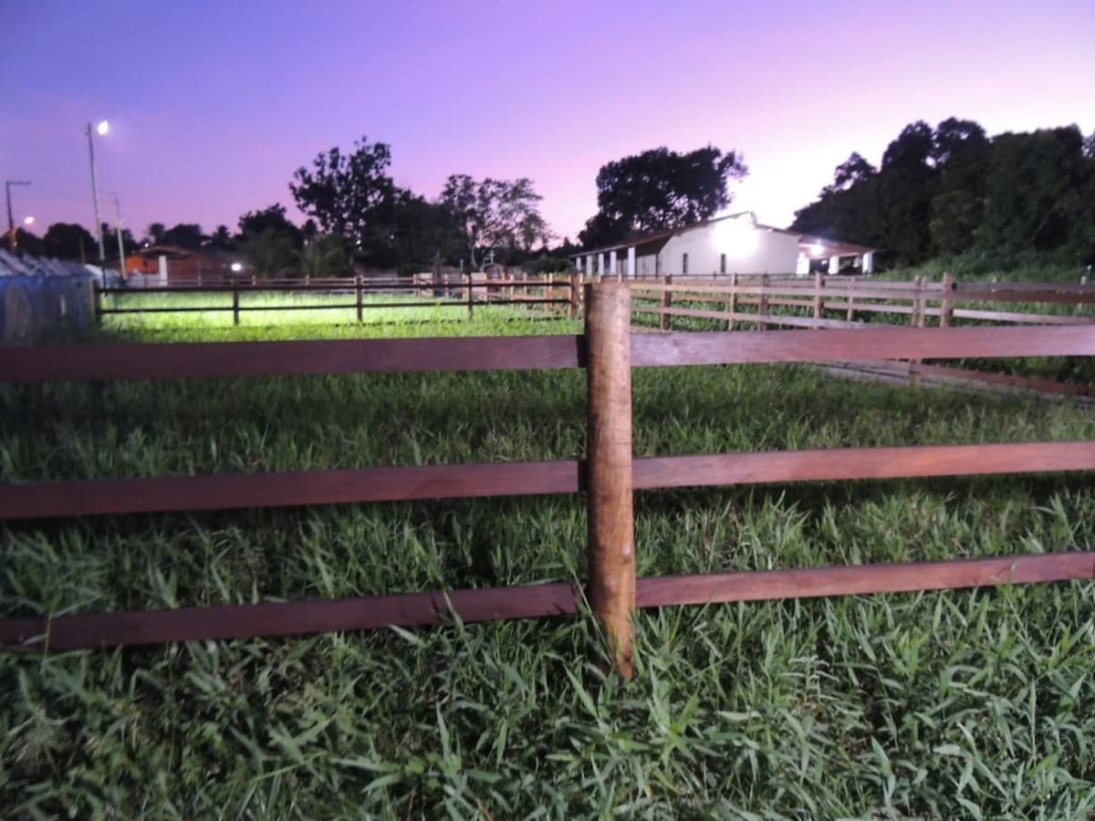 A fenced area is surrounded by lush greenery, indicating a spacious outdoor setting. The wooden fence has a rustic finish and contrasts with the soft purple hues of the twilight sky. A building can be seen in the background, softly illuminated.