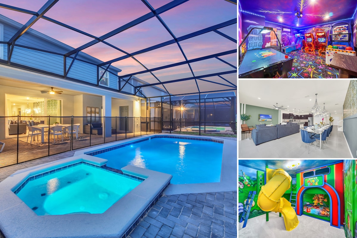 An outdoor area showcases a private pool and hot tub enveloped by a screened enclosure. The stunning sunset sky casts vibrant colors over the space. Inset images reveal a colorful game room filled with arcade machines, a spacious living room, and a fun children's slide area.