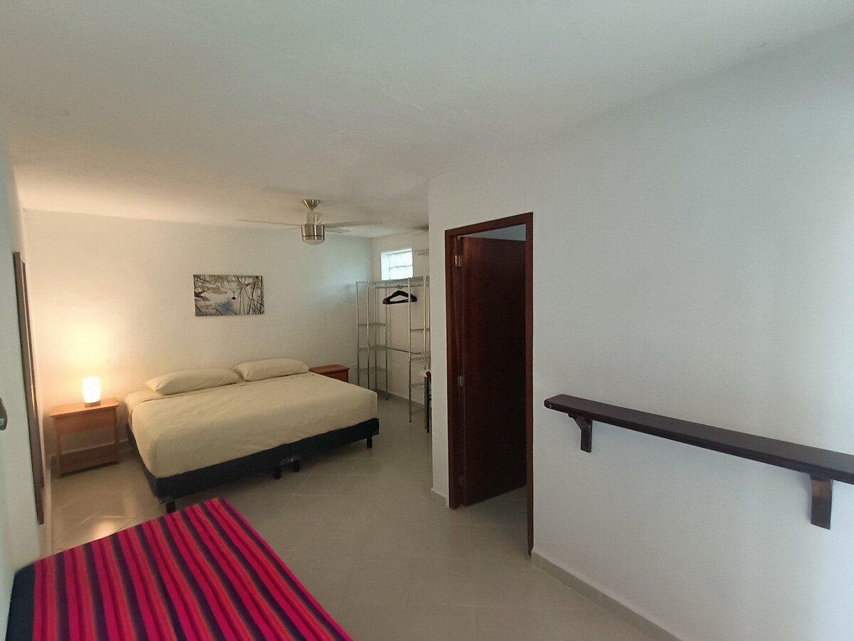 De kamer #1, met ventilator, airco, een kingsize bed, eigen badkamer, ruimte en tafel om te werken en een bank.