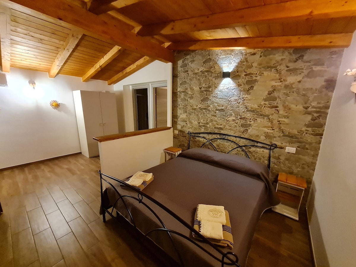 A spacious bedroom features a wrought iron bed dressed in a dark coverlet. Exposed wooden beams adorn the ceiling, and a stone wall provides a natural texture. A bedside table sits next to the bed, with soft lighting complementing the warm tones of the room.