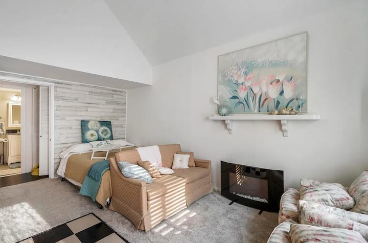 Chumba kikubwa cha kulala kina bafu kwenye ukumbi, sofa ndogo, meza ya kompyuta mpakato yako, sinki ndogo, kitengo cha A/C na mlango wake mwenyewe. 