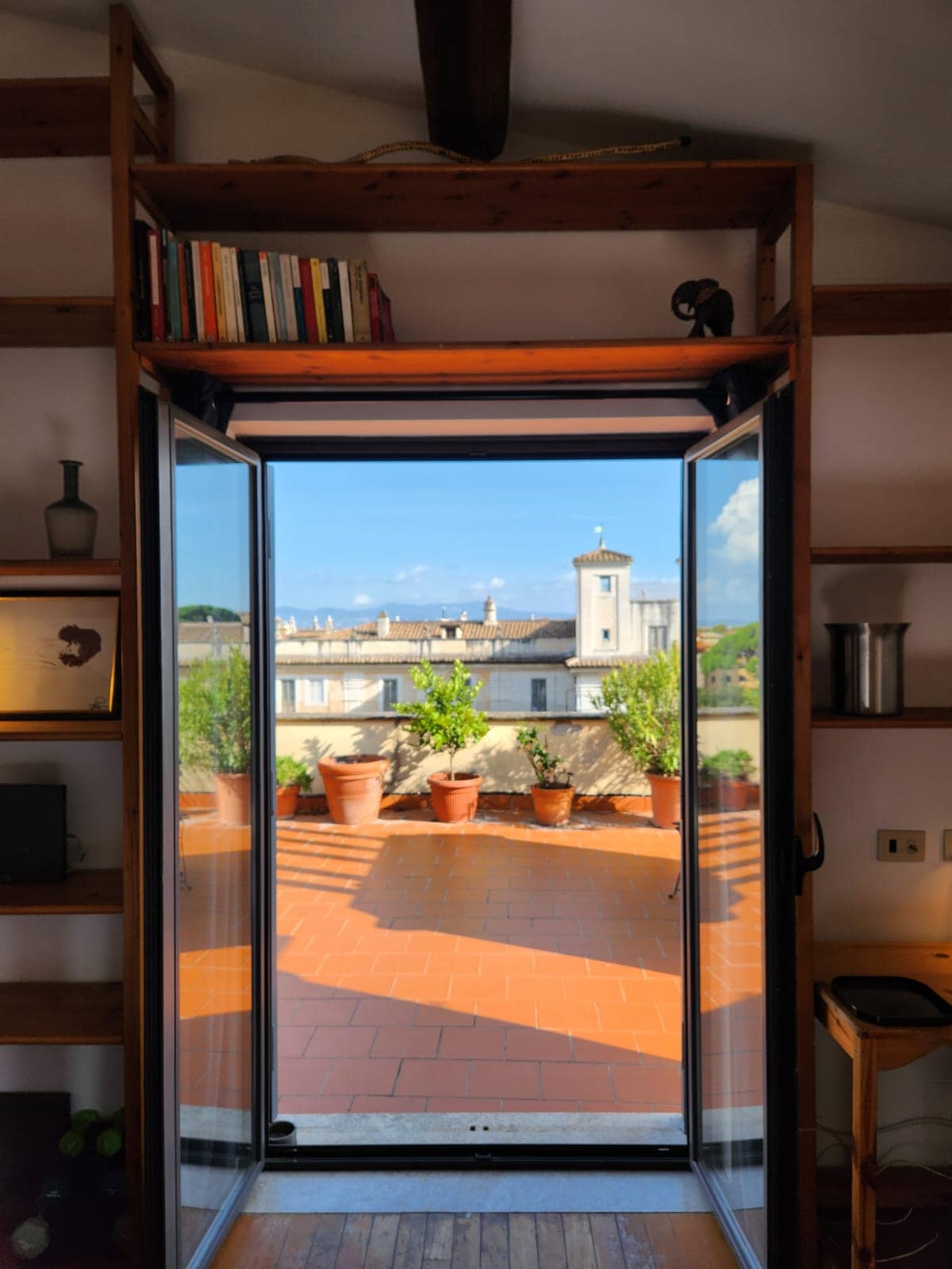 Double doors open to reveal a spacious terrace adorned with potted plants. A clear blue sky and city skyline are visible in the background. Shelving units with books and decorative items frame the doorway, creating a sense of connection between indoor and outdoor spaces.