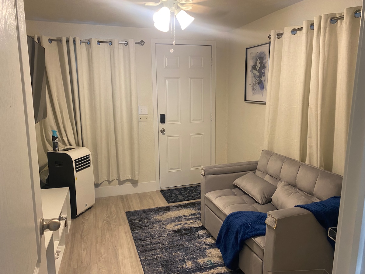 A compact living area is furnished with a light gray couch and accented by a blue throw blanket. Soft curtains frame a central door, while a small fan is mounted on the ceiling. A modern area rug adds texture to the wood-look floor.