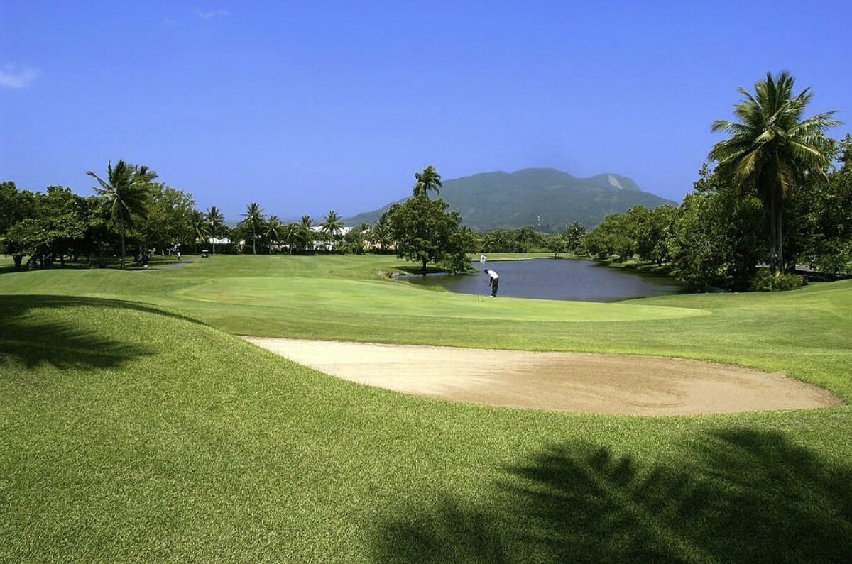 A lush golf course is presented, featuring manicured green lawns and a sand trap in the foreground. A serene pond reflects the bright blue sky, while palm trees and distant mountains provide a tropical backdrop.