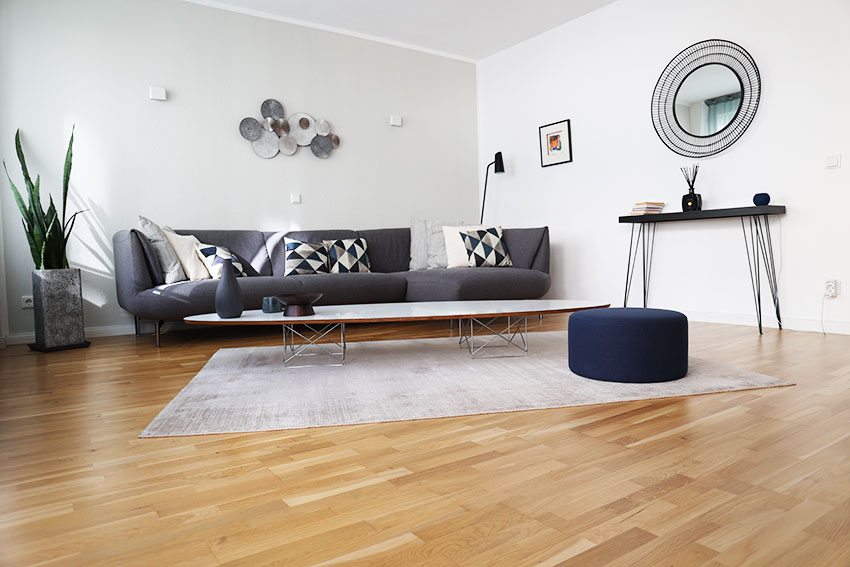 The living area features a modern gray sofa adorned with patterned cushions, positioned near a light-colored rug. A round, dark ottoman sits nearby. A slim console table with decorative items is placed against the wall. Natural light illuminates the warm wooden flooring.