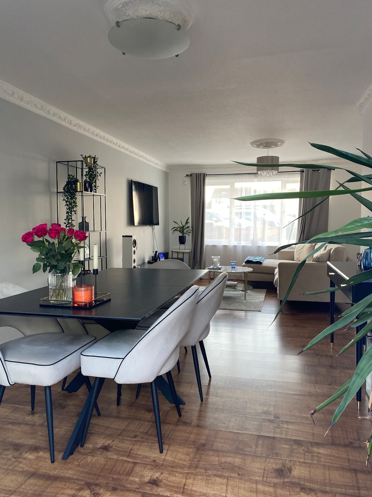 A modern dining area features a sleek black table surrounded by six light-colored chairs. In the background, a cozy living space is visible with a comfortable sofa, television, and large windows allowing natural light to stream in. Decorative plants add a touch of greenery.
