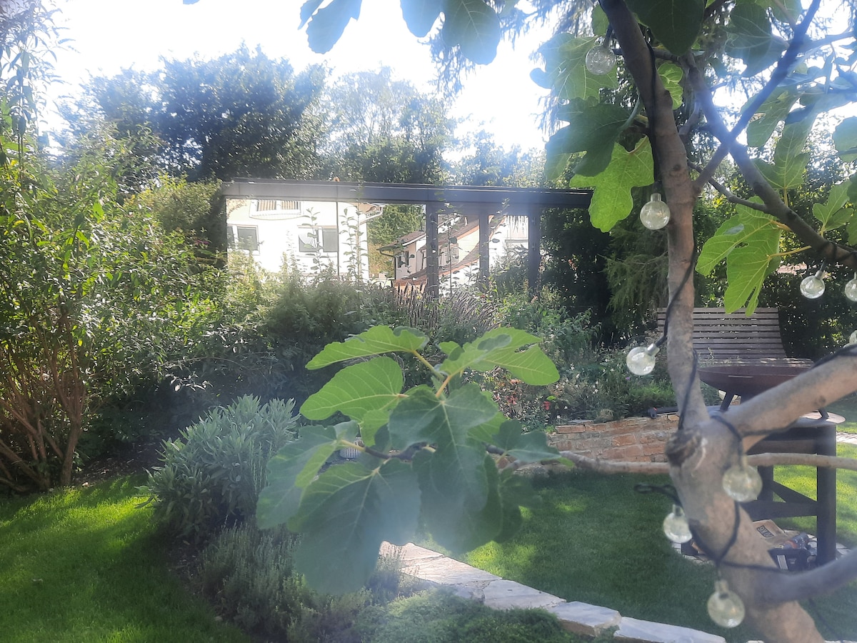 A lush garden scene is depicted, featuring vibrant greenery and a cozy seating area visible in the background. Decorative glass orbs hang from branches, and a winding pathway is partially shown, inviting exploration of the tranquil outdoor space.