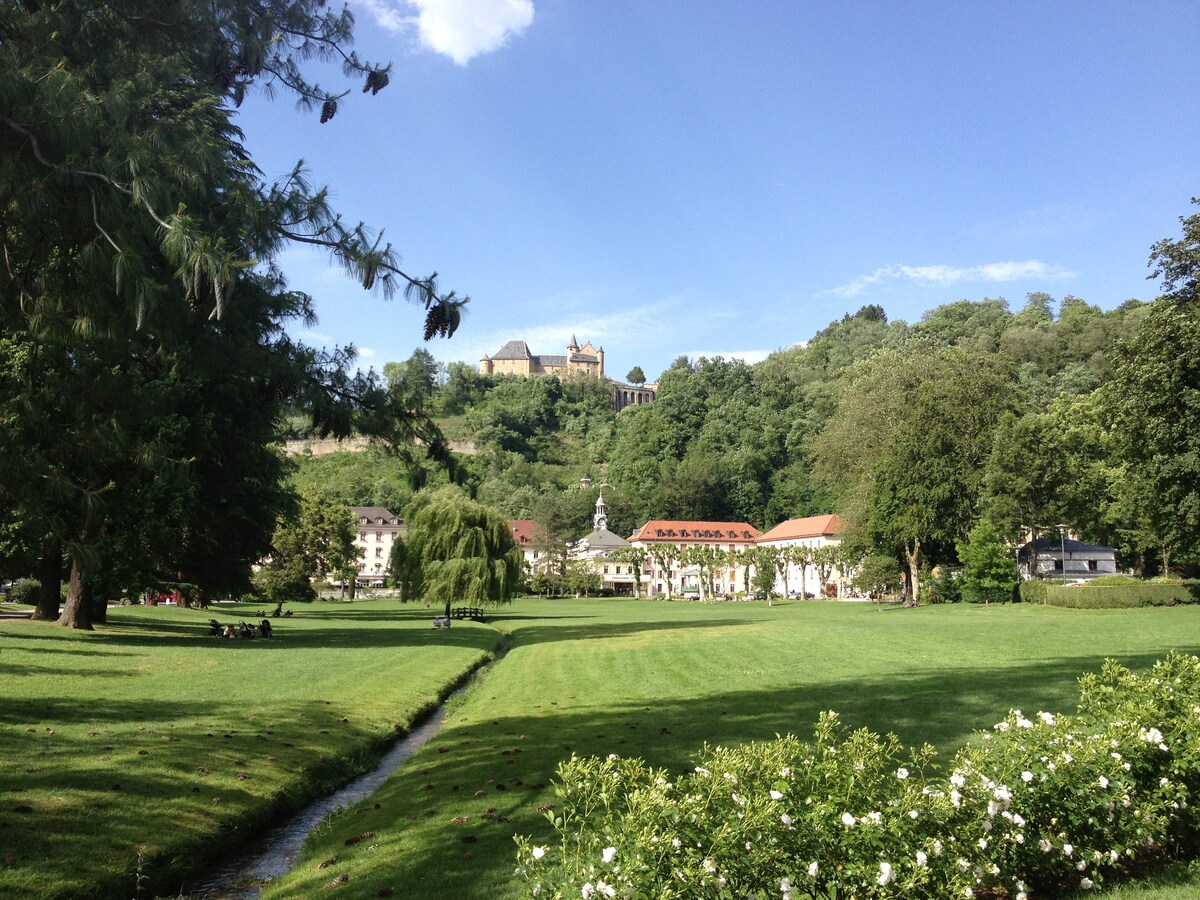 A verdant park stretches across the foreground, featuring lush green grass and scattered trees. A gentle stream flows through the area, while a historic building stands prominently on a hill in the background, surrounded by trees and foliage under a clear blue sky.